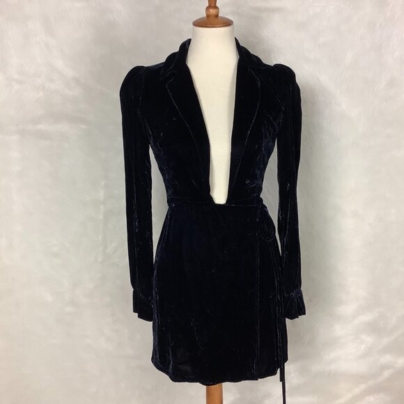Reformation Blue Long Sleeve Crushed Velvet Wrap Lindley Mini Dress XS - Picture 1 of 10